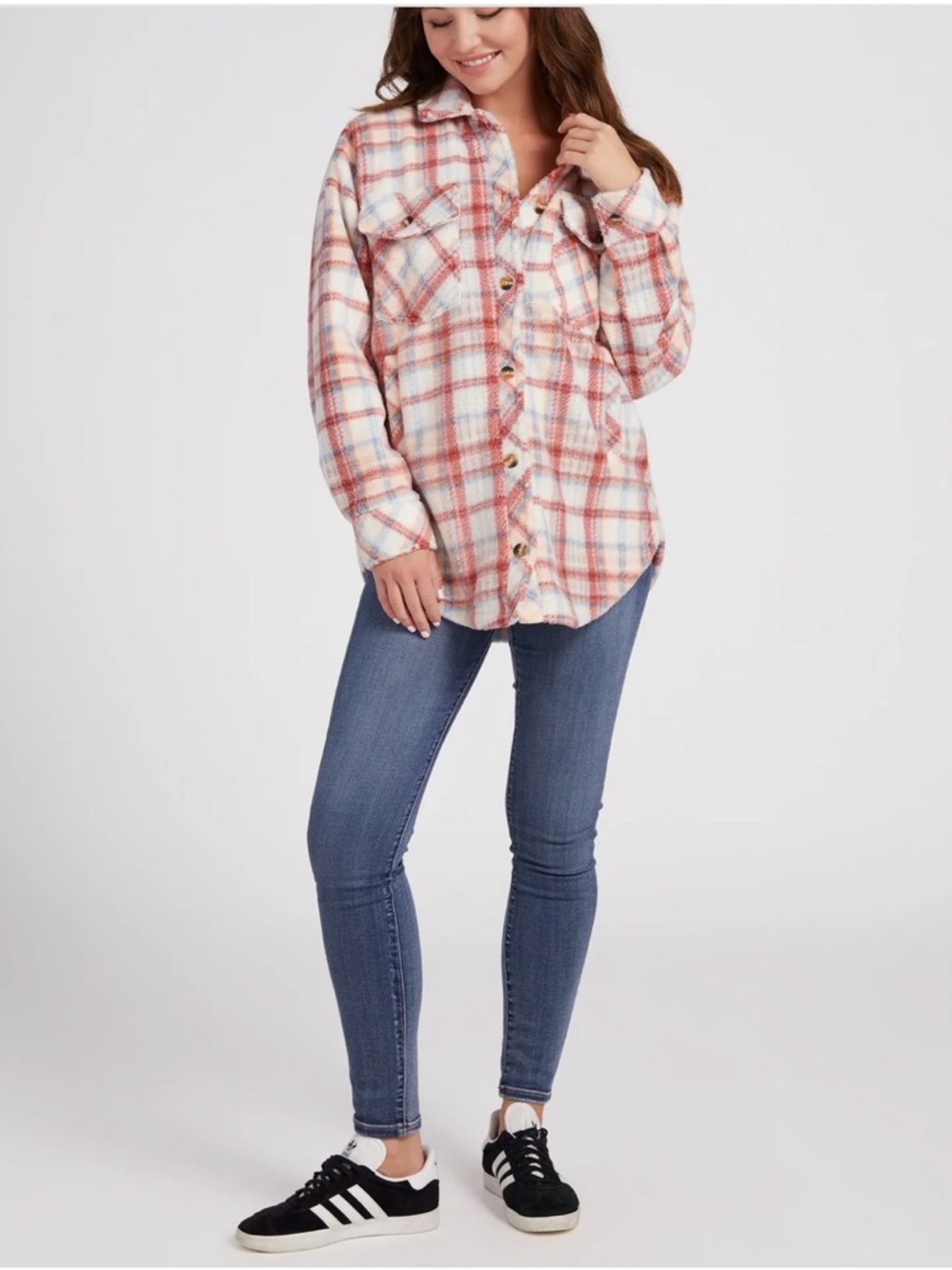 Plaid Button-Front Shacket - Cream & Coral